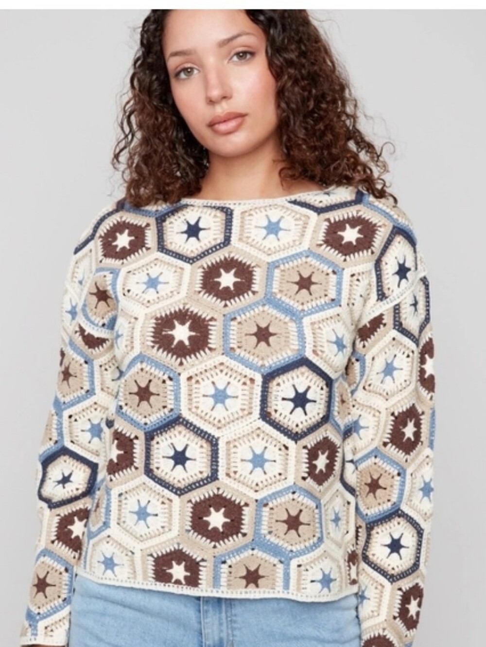 CHARLIE B Crochet Hexagon Patchwork Sweater - Cream, Blue & Brown